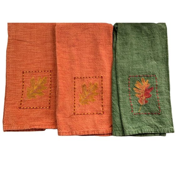 Unbranded Other - 3 Embroidered Kitchen Towels Autumn Leaves Dishtowel Orange Green Cotton Fall